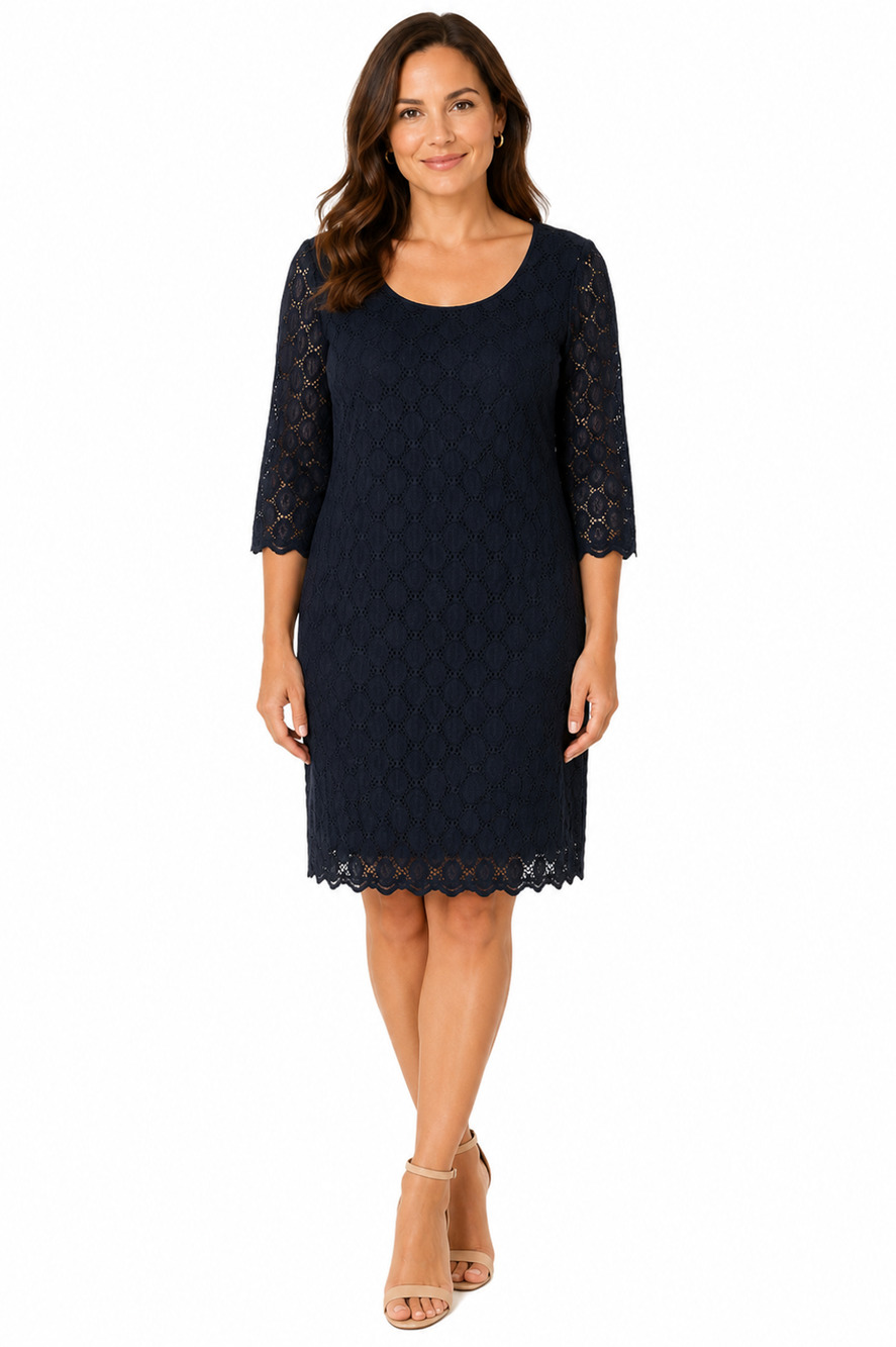 Ronni Nicole Womens Eyelet Black Lace Knit 3/4 Sleeve Lined Summer Dress sz 12